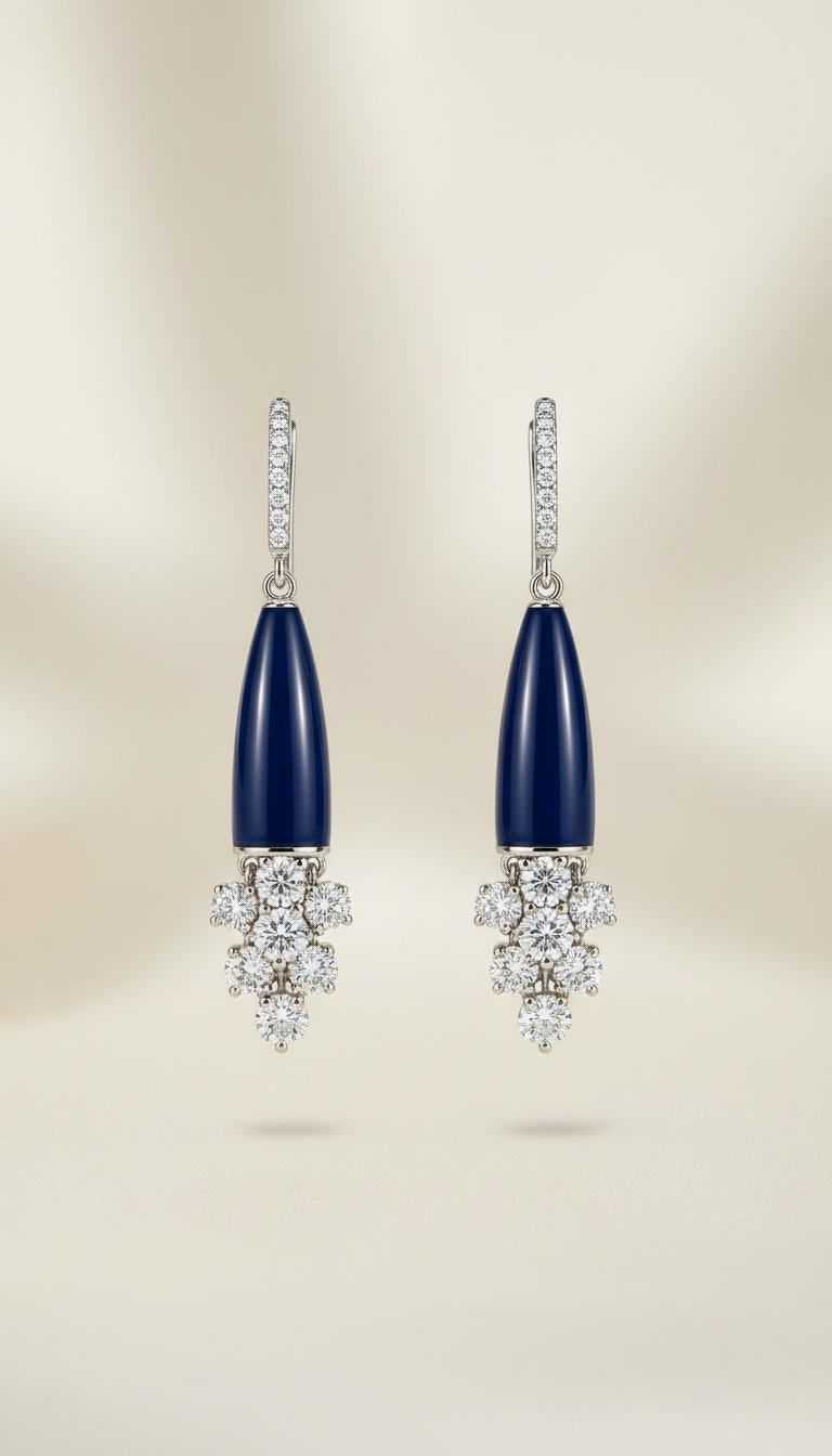 Midnight Navy Enamel Diamond Drop Earrings